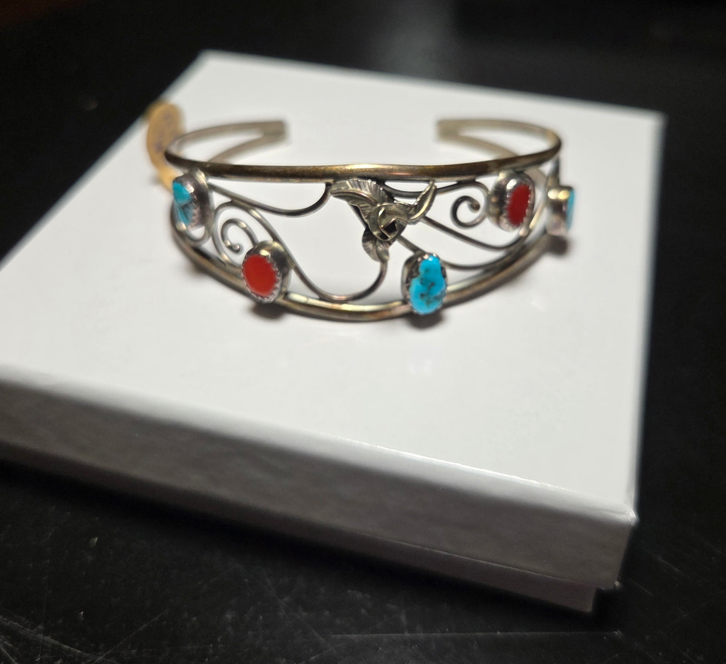 Turquoise & Coral Hummingbird Sterling Silver Cuff