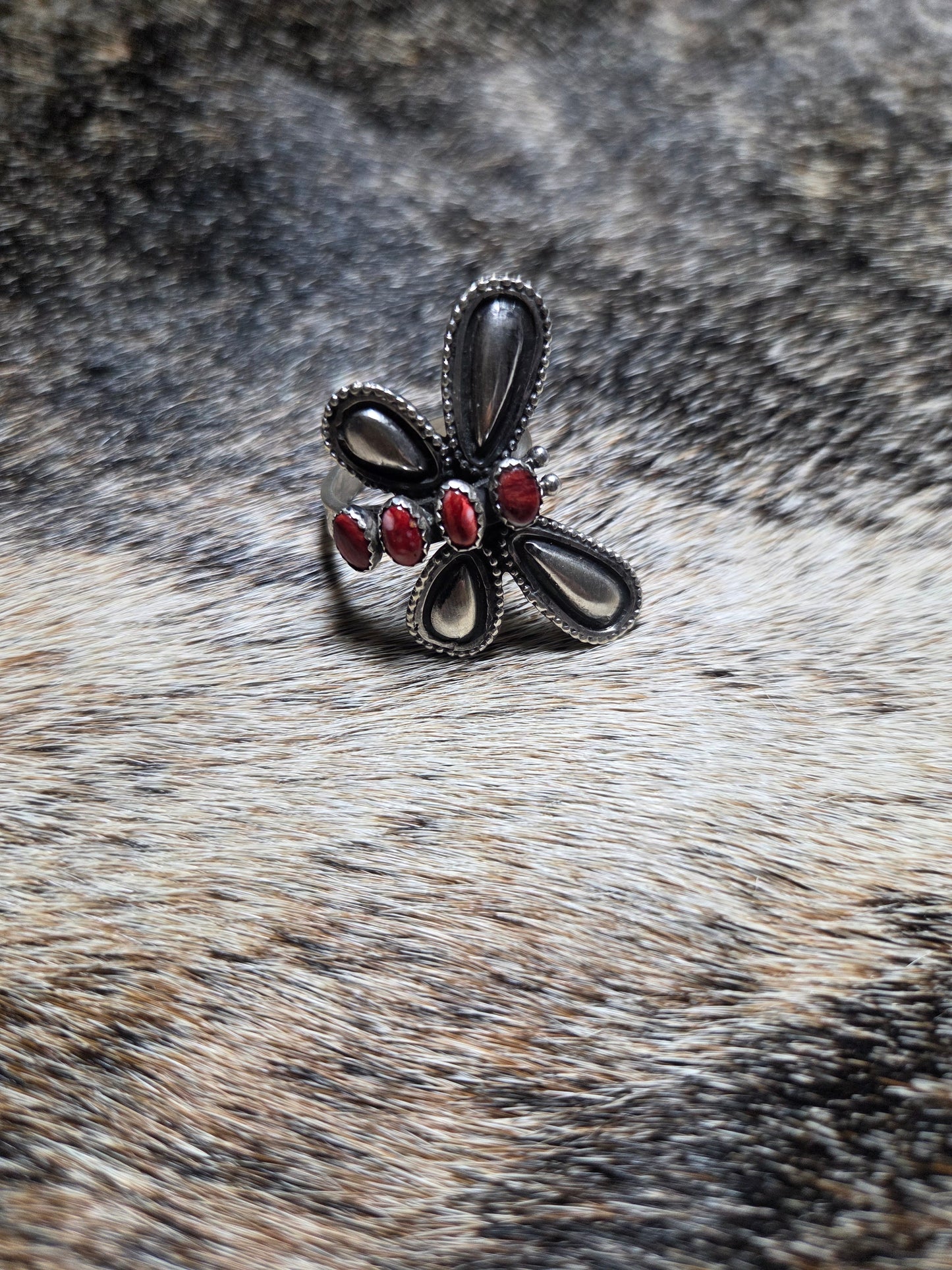 Sterling Silver & Red Coral Dragonfly Ring