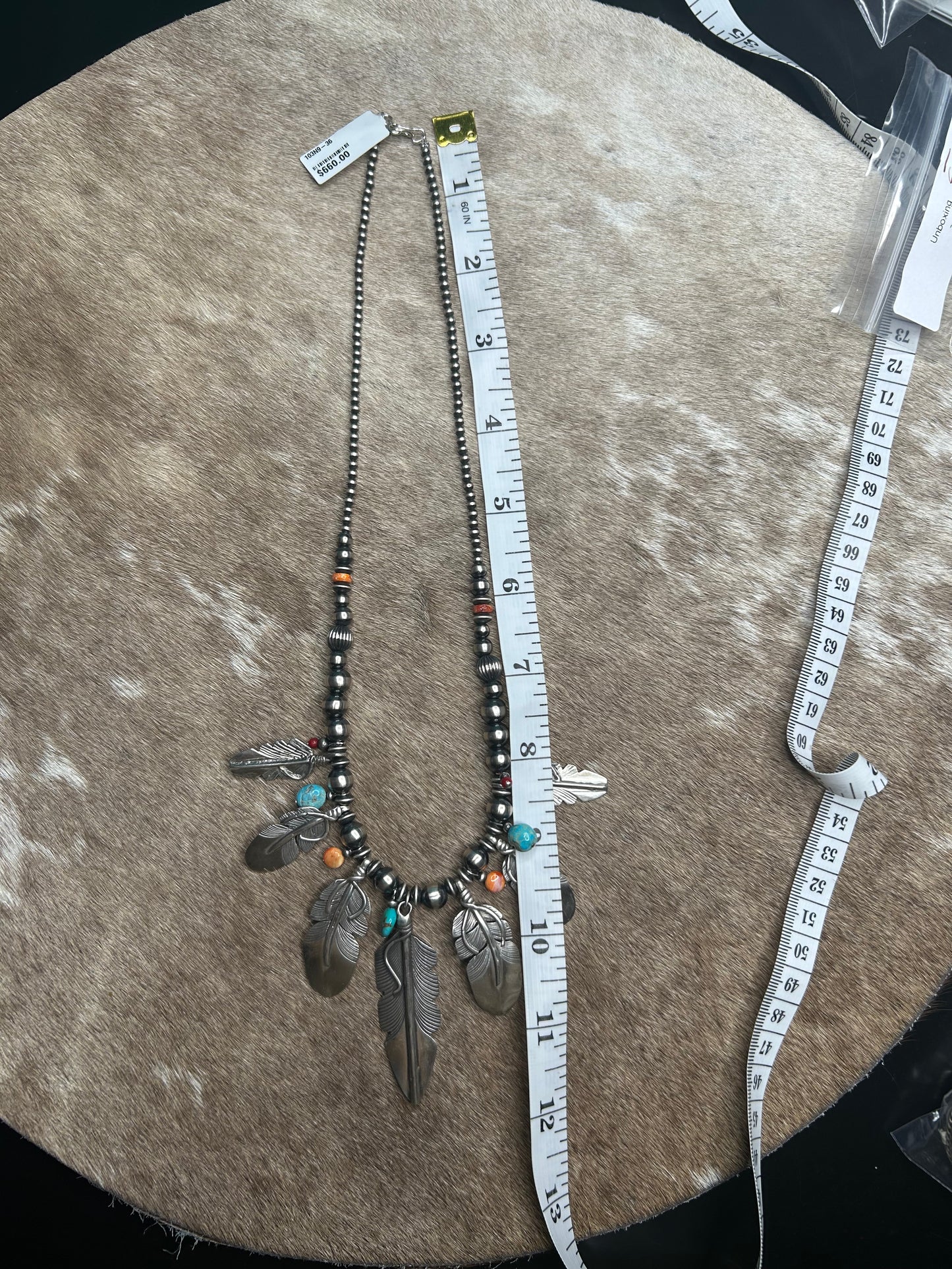 Necklace -Sterling Silver Feather Necklace with Turquoise & Spiny Oyster Accents – Signed Charles Johnson