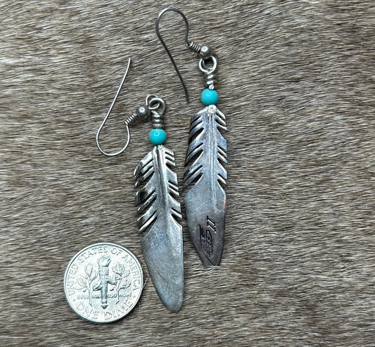 Sterling Silver Feather Earrings with Turquoise - Signed JL