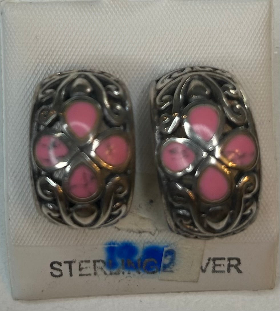 Pink Inlay Sterling Silver Hoop Earrings- Vintage