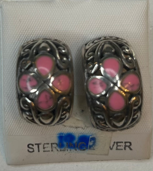 Pink Inlay Sterling Silver Hoop Earrings- Vintage