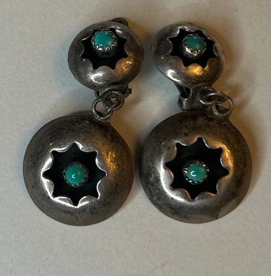 Vintage Navajo Sterling Silver Shadowbox Clip-On Earrings – Turquoise Cabochons