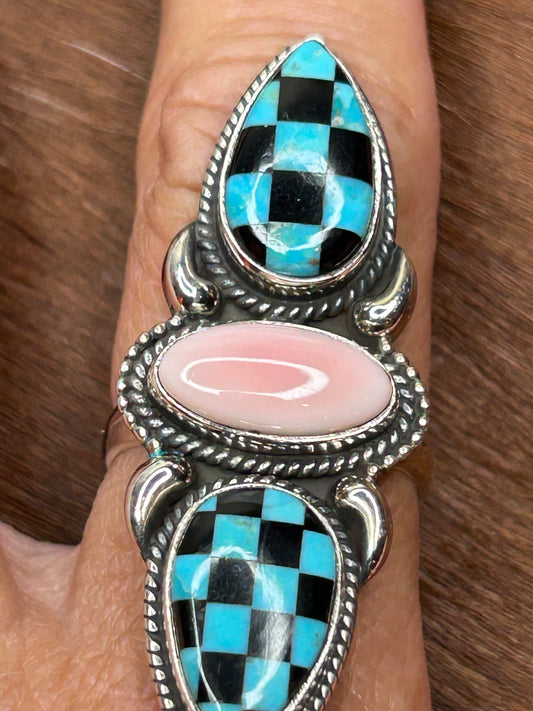 Checkerboard Inlay & Pink Chonch shell SS ring Size 9