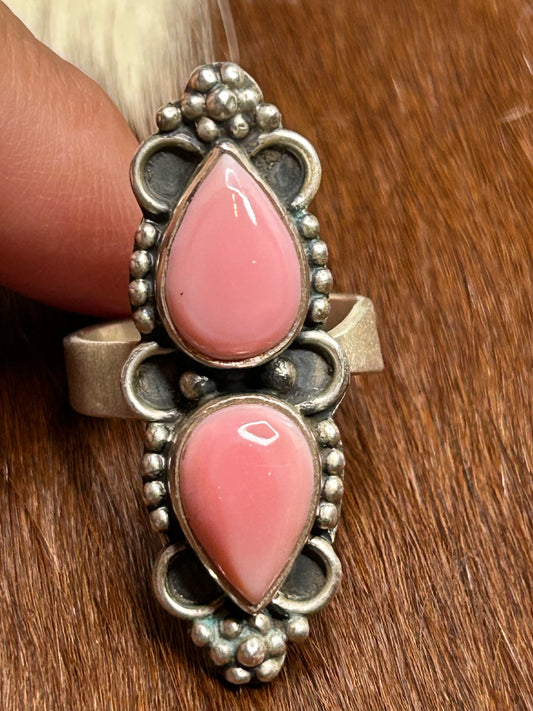 Pink Conch Shell Sterling Silver Double Teardrop Ring Adjustable