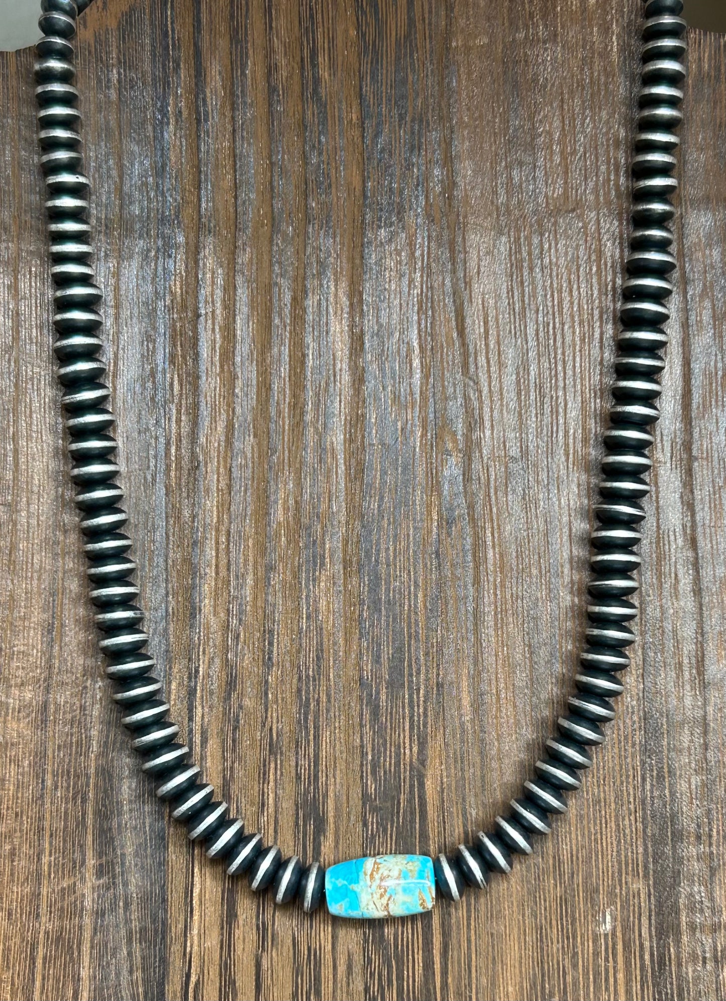 Oxidized Sterling Desert Pearls Necklace with Turquoise center non native