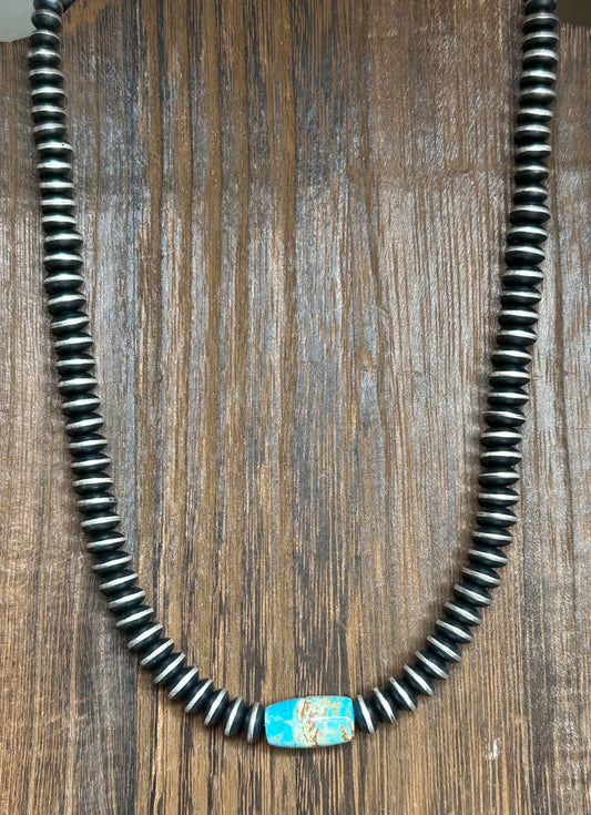 Oxidized Sterling Desert Pearls Necklace with Turquoise center non native