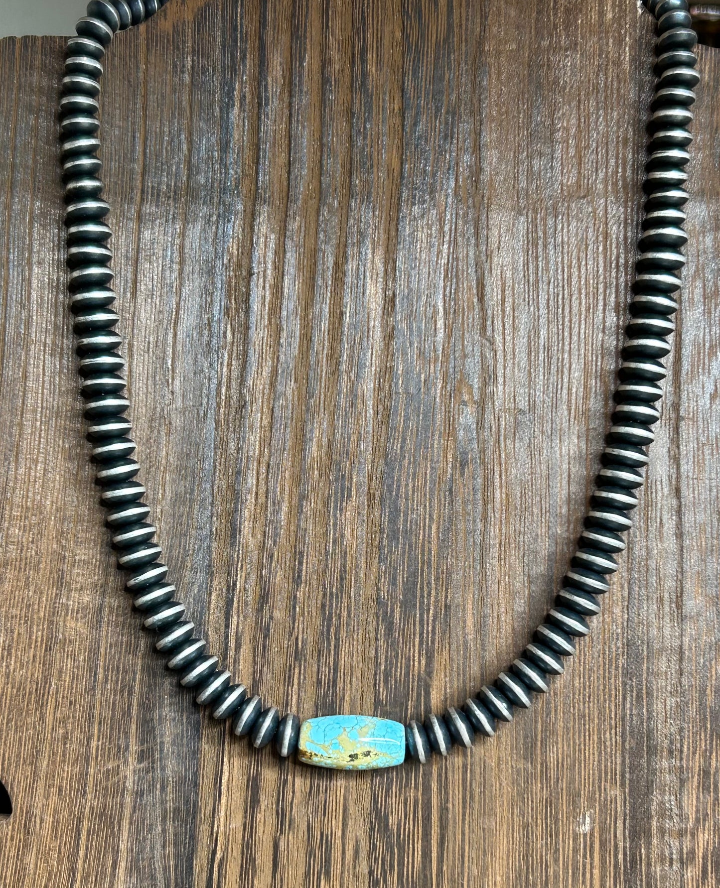 Oxidized Sterling Desert Pearls Necklace with Turquoise center non native