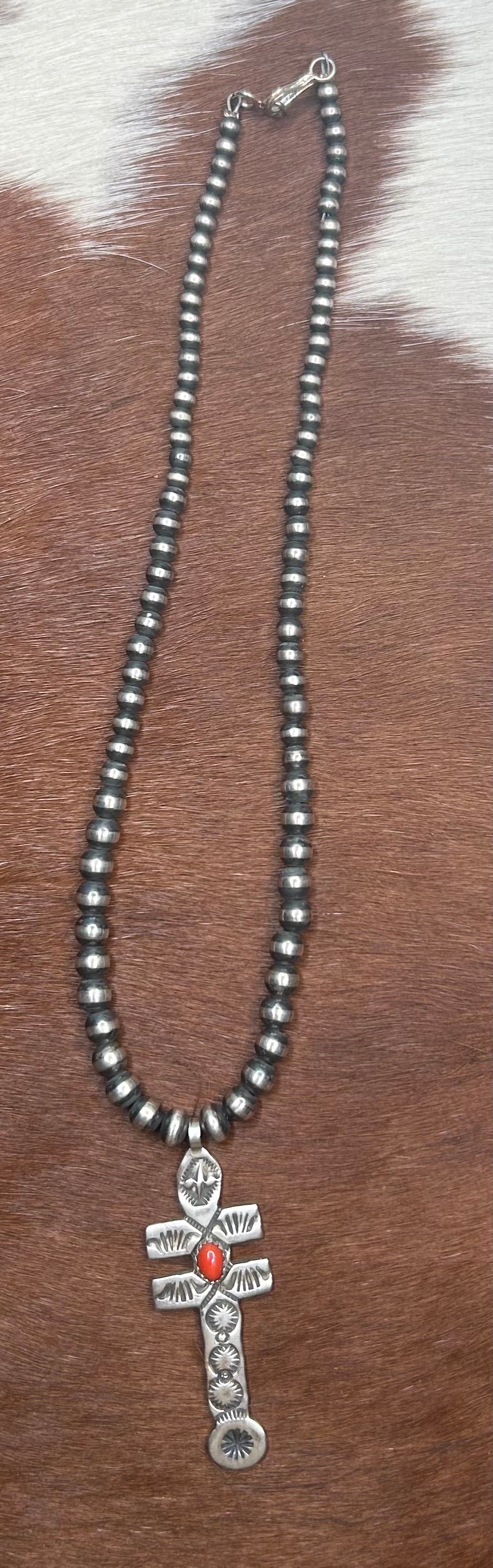 Necklace - Graduated Pearls with Pendent and Coral stone