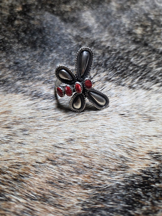 Sterling Silver & Red Coral Dragonfly Ring