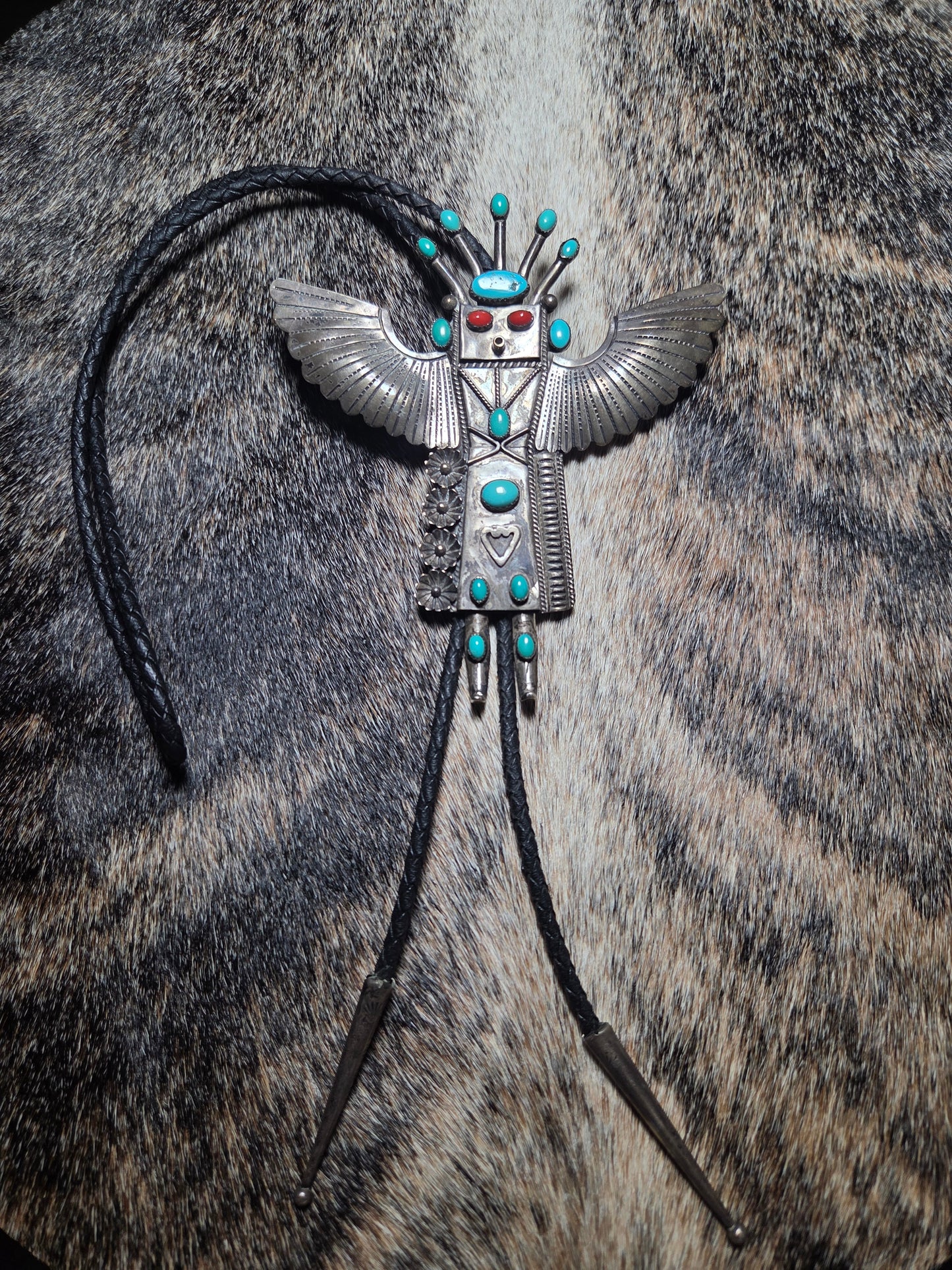 Sterling Silver Thunderbird Bolo Tie with Turquoise & Coral