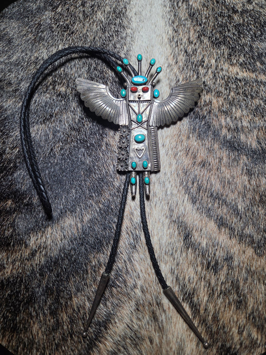 Sterling Silver Thunderbird Bolo Tie with Turquoise & Coral