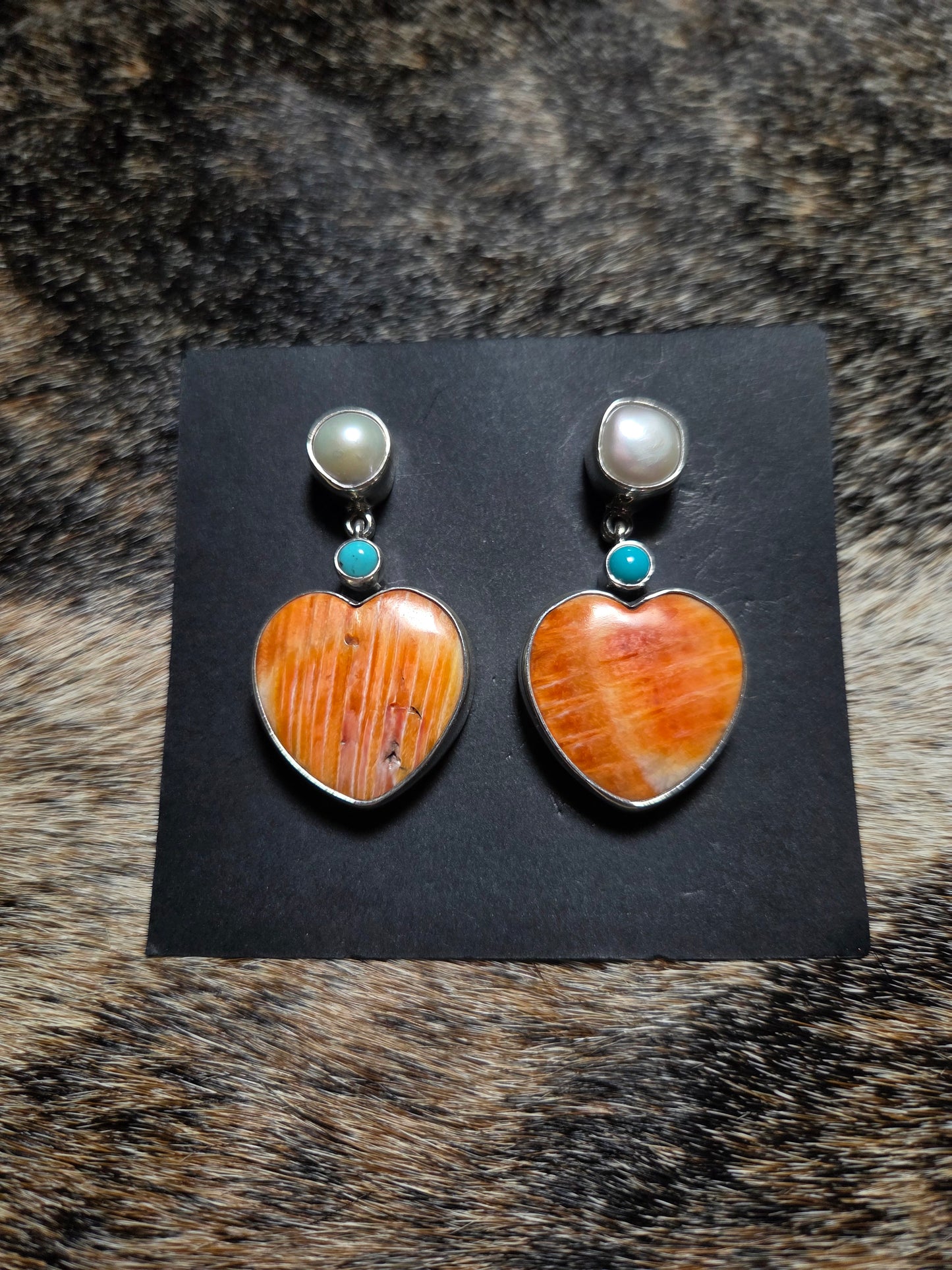 Federico Jimenez Spiny Oyster, Pearl & Turquoise Heart Earrings