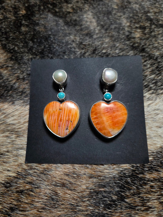 Federico Jimenez Spiny Oyster, Pearl & Turquoise Heart Earrings
