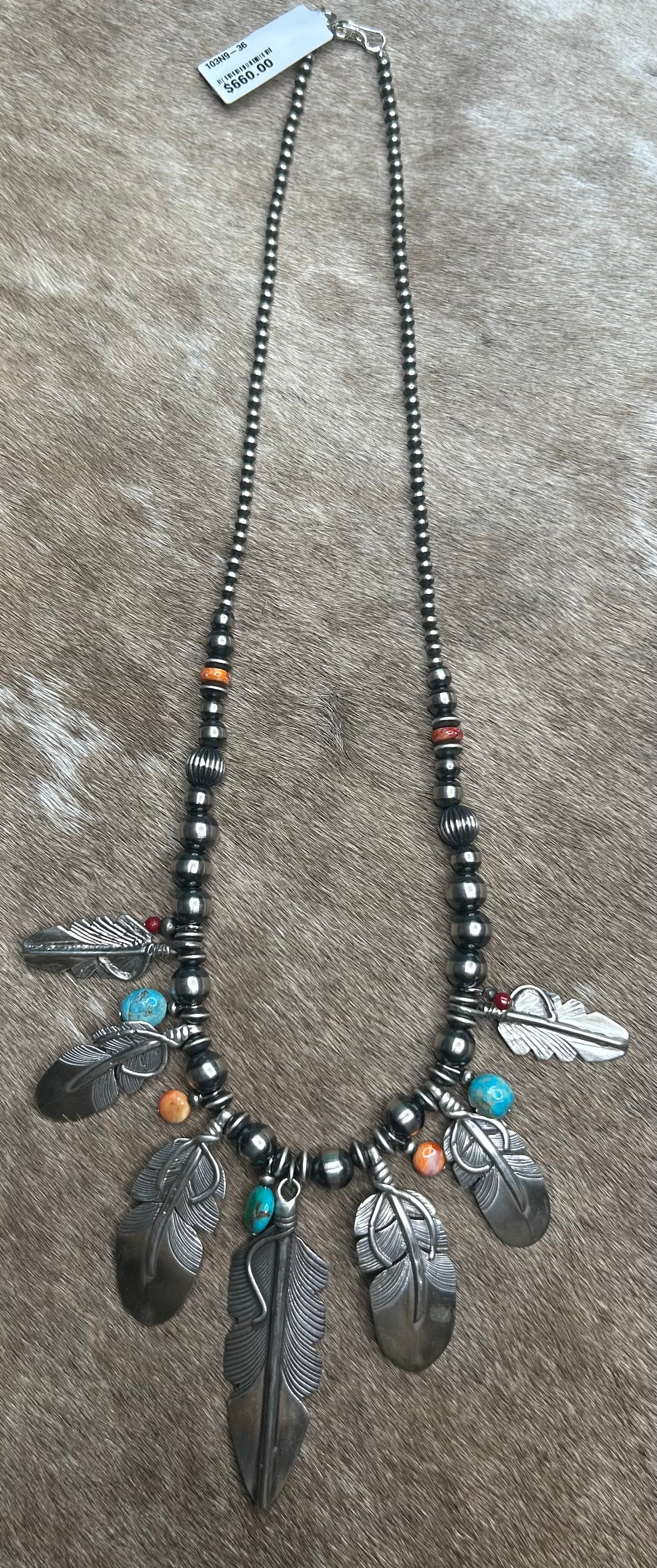 Necklace -Sterling Silver Feather Necklace with Turquoise & Spiny Oyster Accents – Signed Charles Johnson