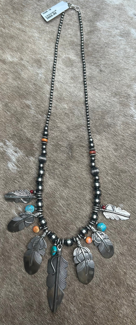 Necklace -Sterling Silver Feather Necklace with Turquoise & Spiny Oyster Accents – Signed Charles Johnson