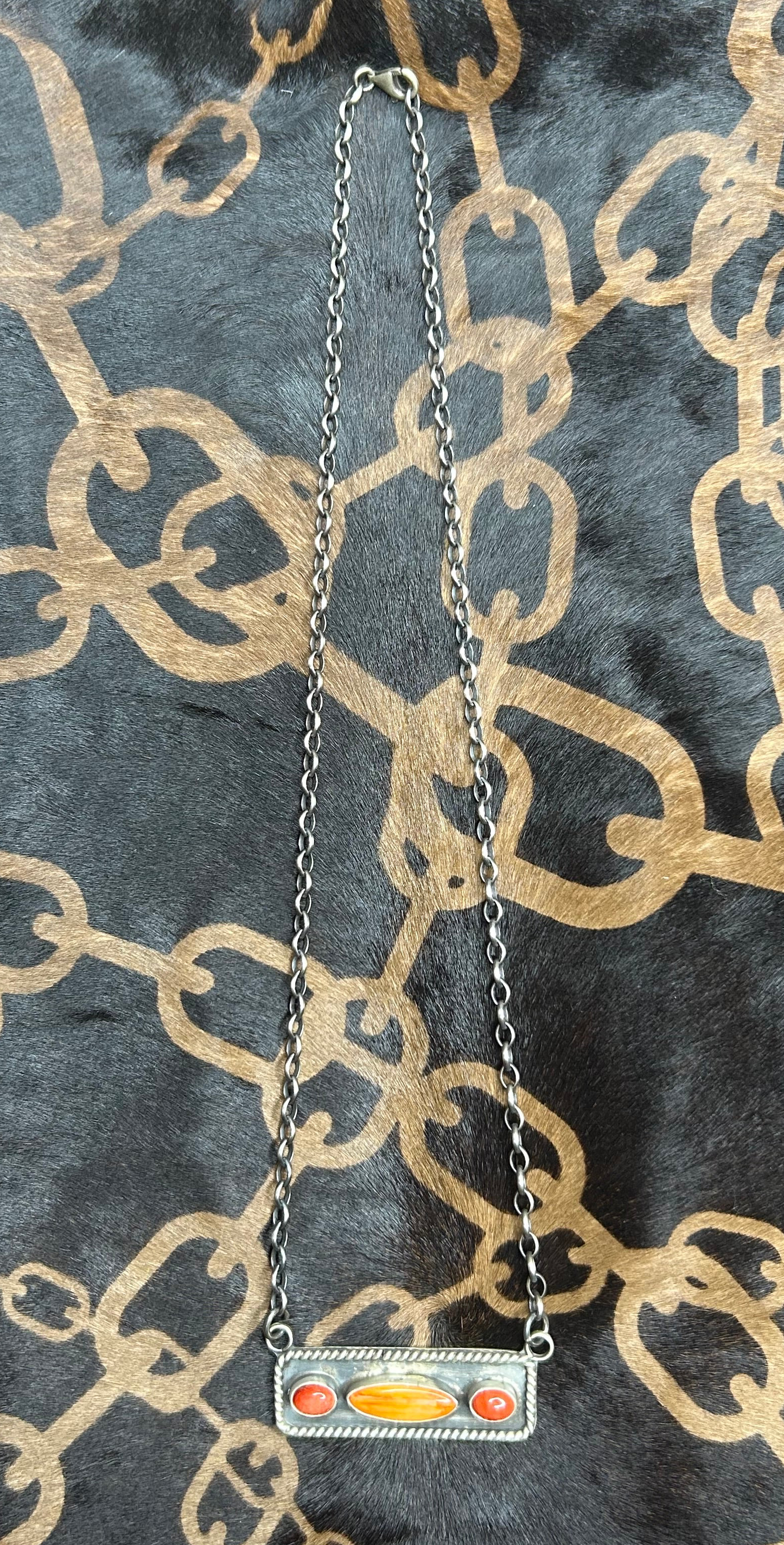 Necklace - Spiny Oyster and Coral Sterling Silver Bar Necklace