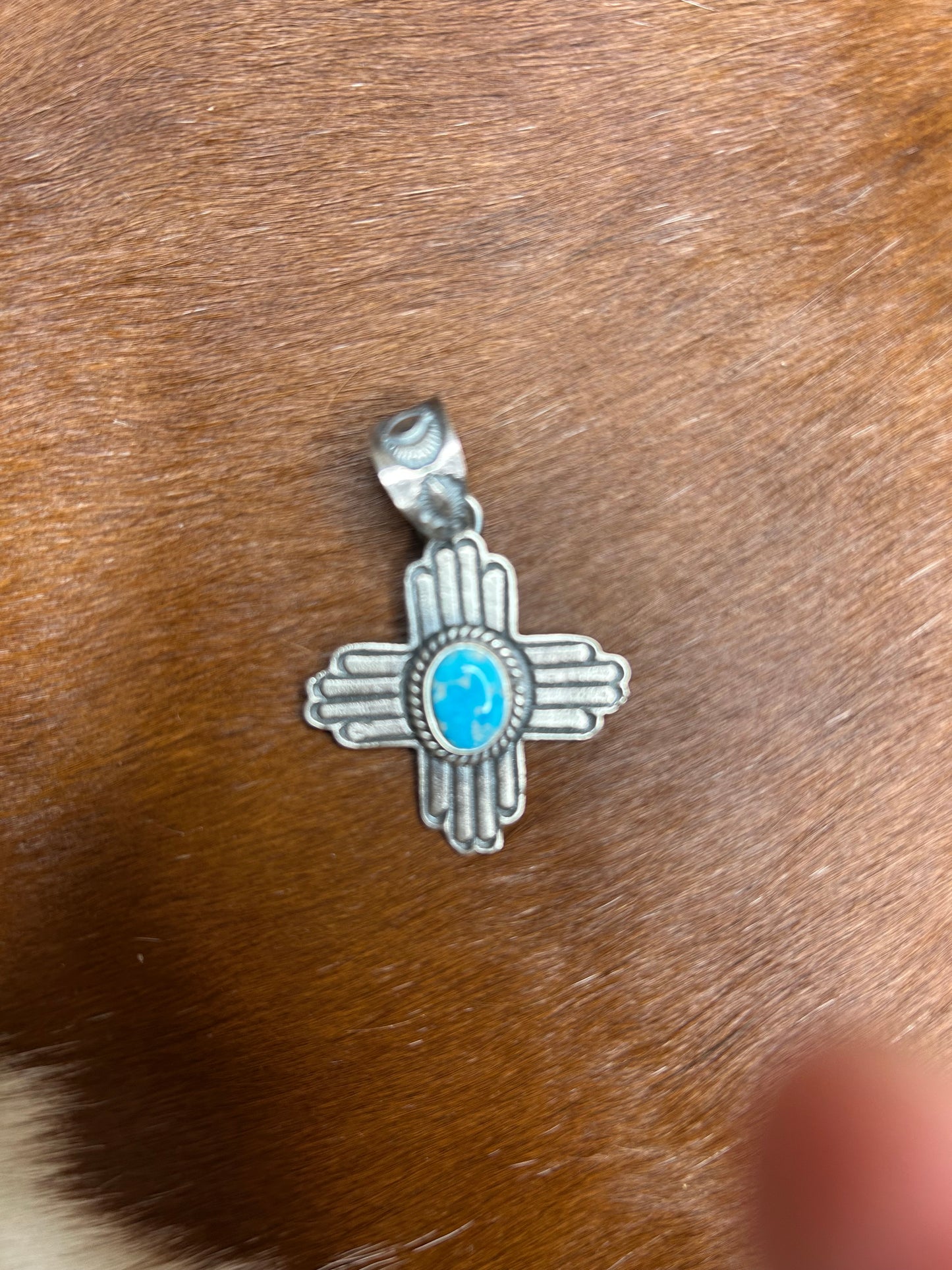 Pendent - Sterling Silver Zia Cross Pendant with Turquoise