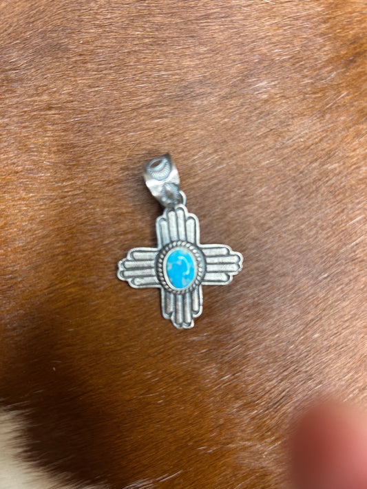 Pendent - Sterling Silver Zia Cross Pendant with Turquoise
