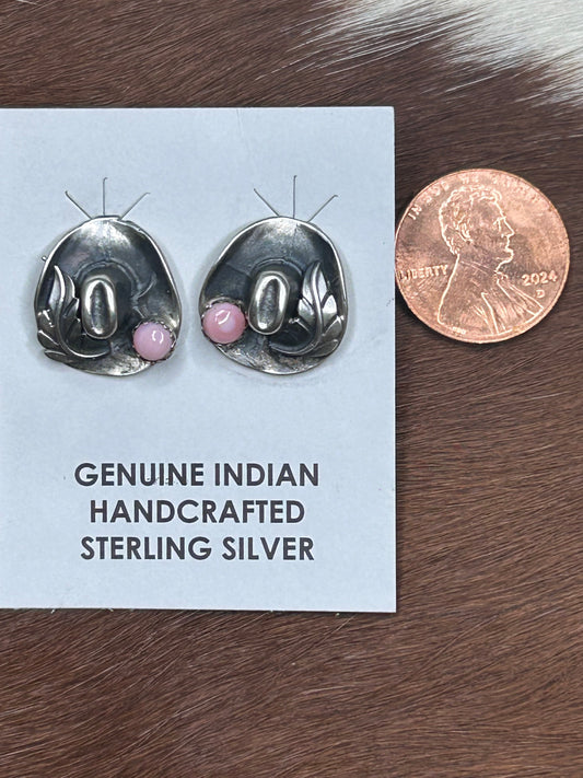 Earrings - Cowboy Hat Stud Earrings Pink Conch stone by Gilbert Platero - Sterling Silver Navajo Jewelry