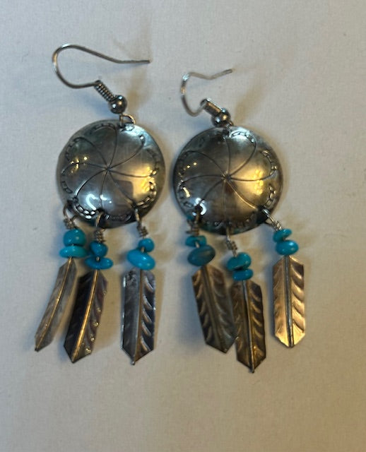 Silver Concho Feather Earrings with Turquoise