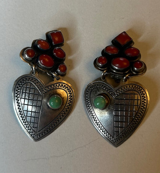 Sacred Heart Earrings with Coral & Turquoise – Sterling Silver