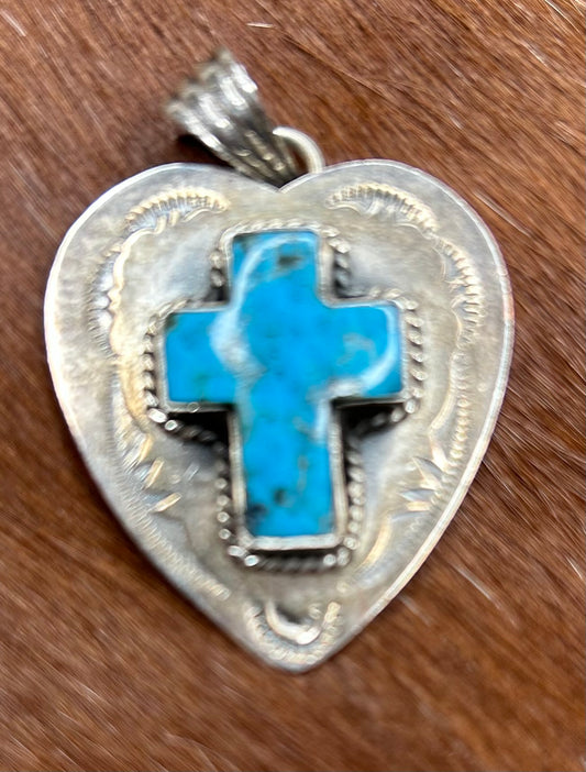 SS Heart Pendant with Kingman Turquoise Cross