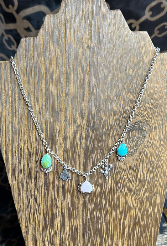 Silver Charm Necklace - Cactus & Thunderbird - Perfect for Layering