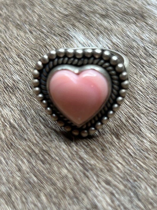 Pink Conch Shell sterling Silver Heart Ring Adjustable