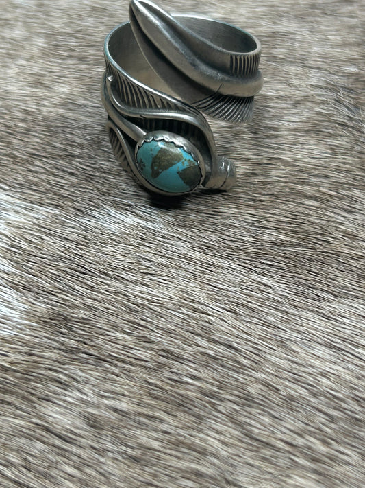 Ring - Sterling Silver wrapped feather ring with Turquoise w/ brown matrix stone