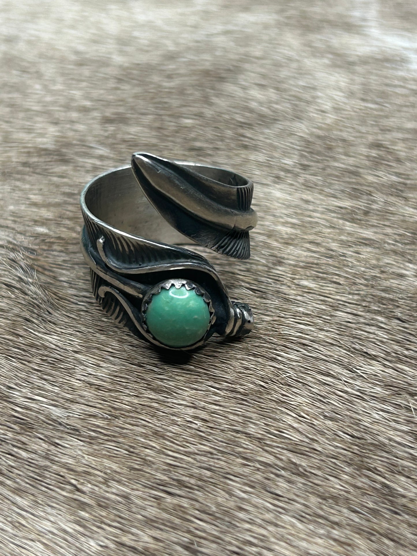 Ring - Feather wrap Ring with Green turquoise stone
