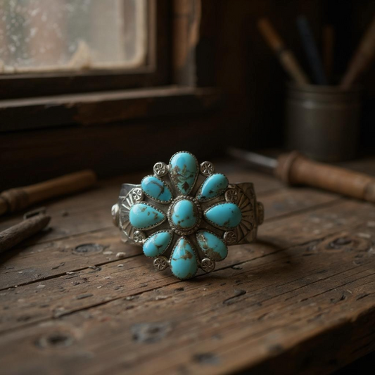 Turquoise Cuff with Flower Design