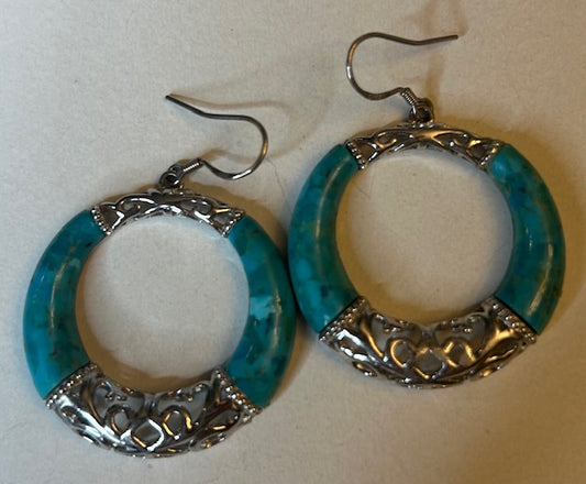 Sterling Silver & Turquoise-Colored Hoop Earrings – Marked .925